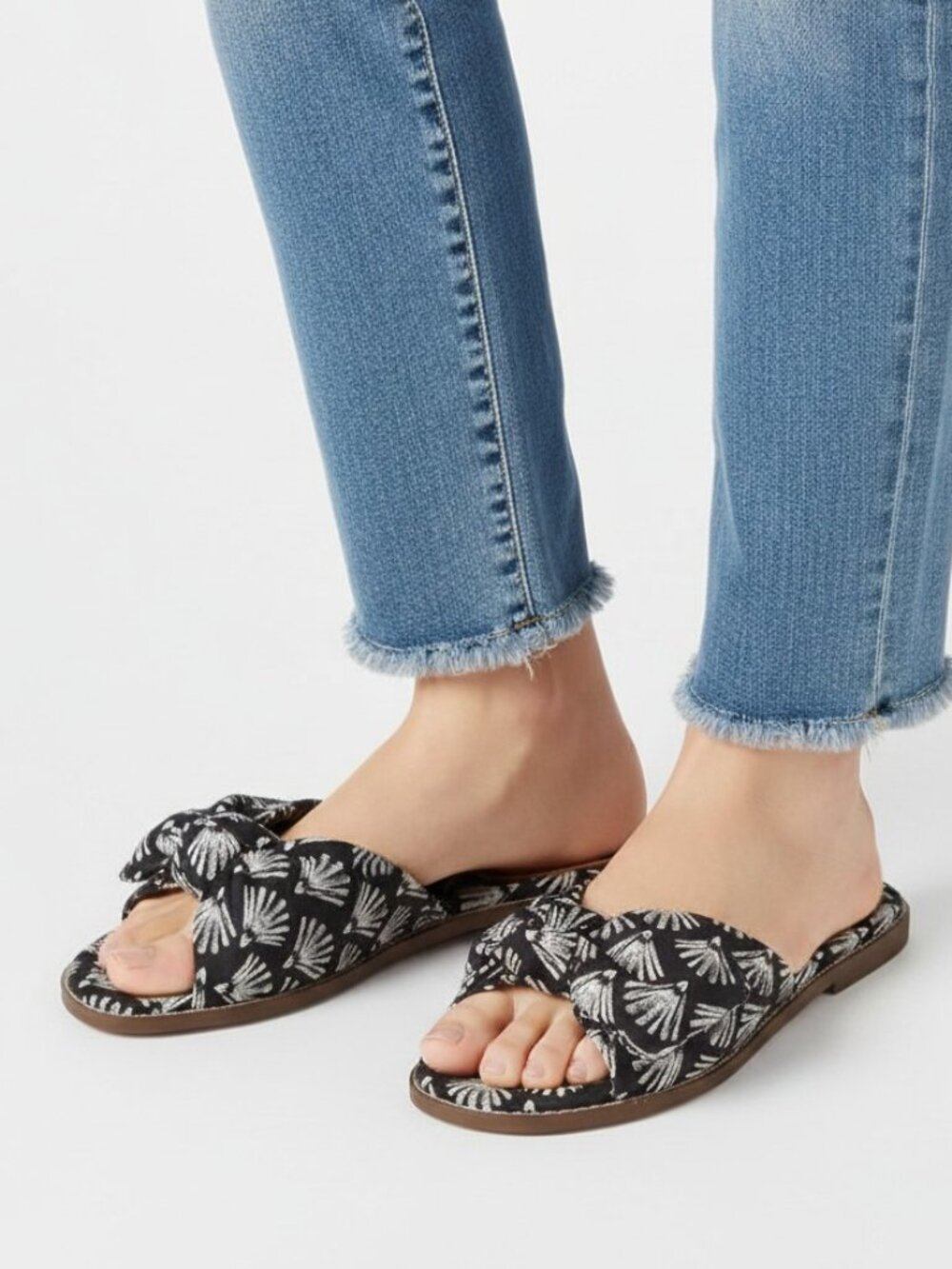 J.Crew Black Ivory Printed Cotton Upper Knot Slide Sandals, US7.5